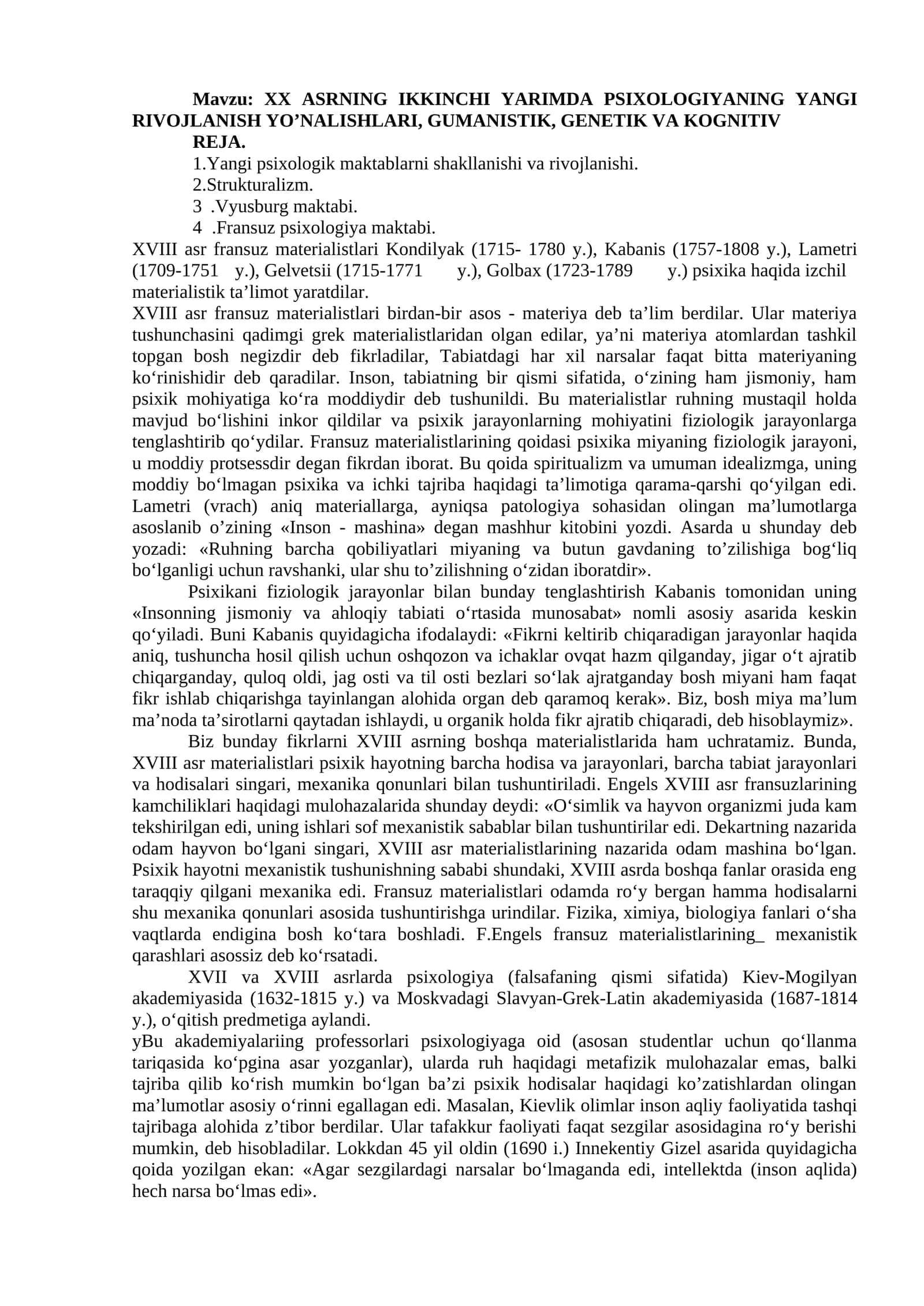 XX ASRNING IKKINCHI YARIMDA PSIXOLOGIYANING YANGI RIVOJLANISH YO’NALISHLARI, GUMANISTIK, GENETIK VA KOGNITIV REJA 1