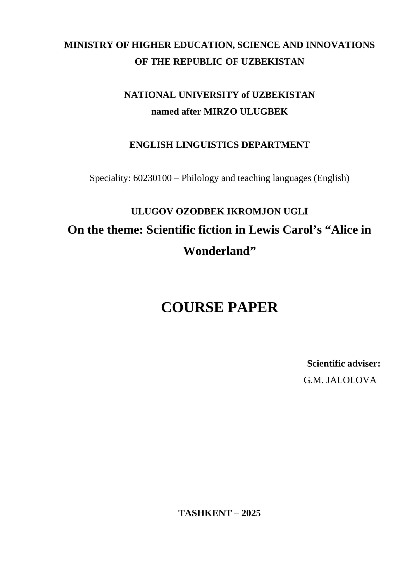 Lewis Carol’s “Alice in Wonderland” Scientific Fiction Analysis 1