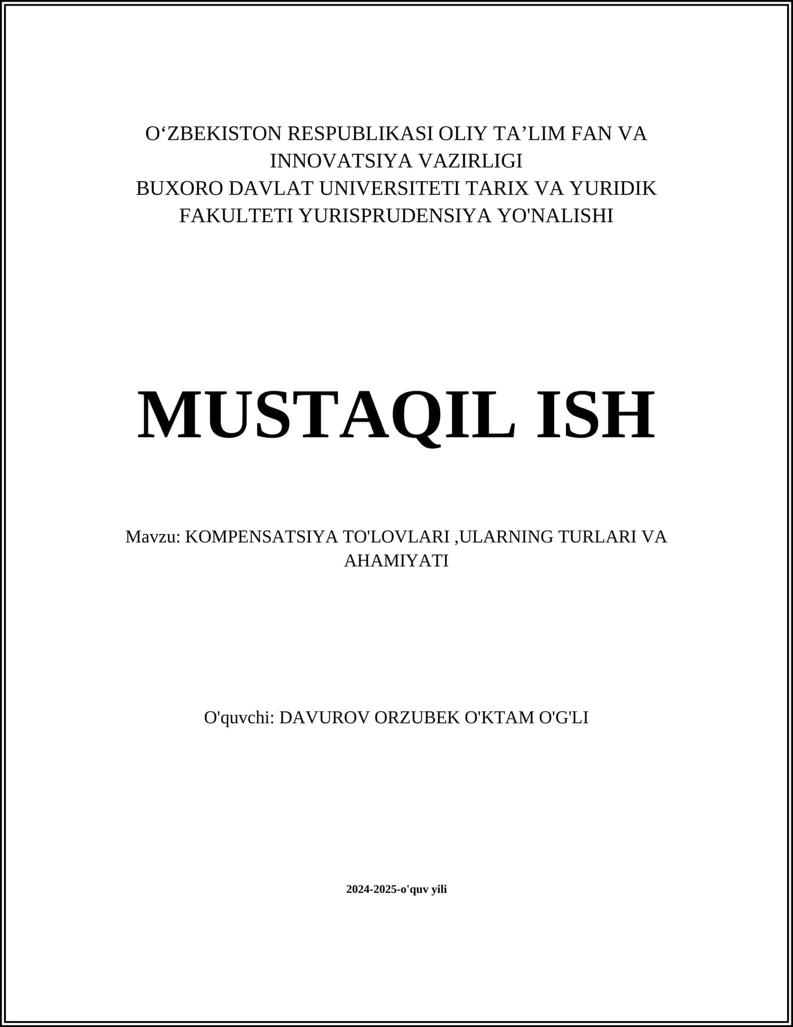 KOMPENSATSIYA TO'LOVLARI,ULARNING TURLARI VA AHAMIYATI 1