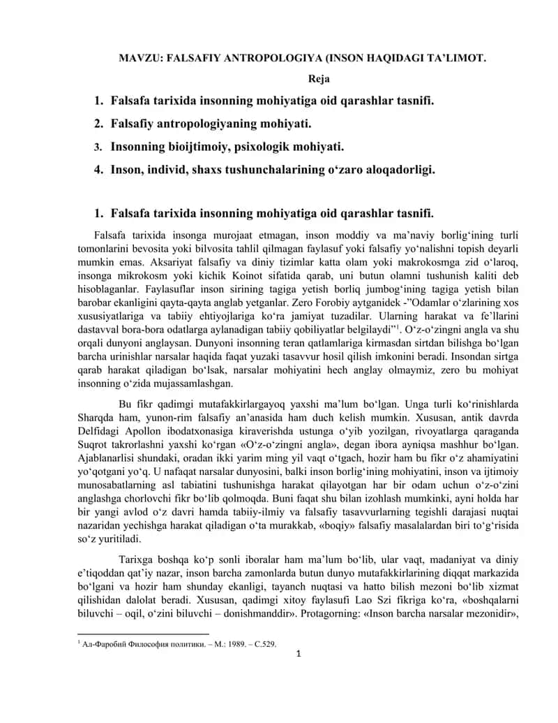 FALSAFIY ANTROPOLOGIYA (INSON HAQIDAGI TA’LIMOT). 1
