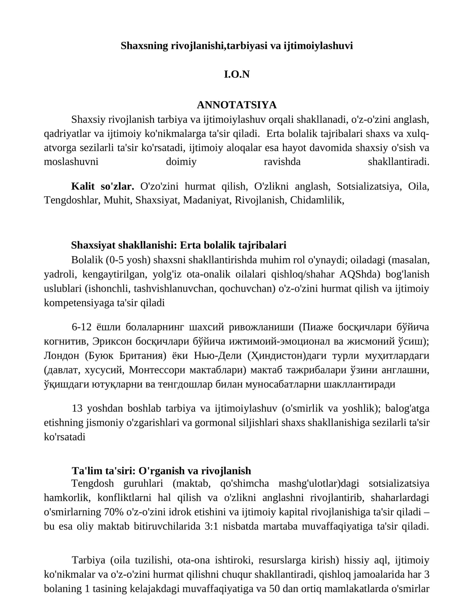 Shaxsiy rivojlanish tarbiyasi 1