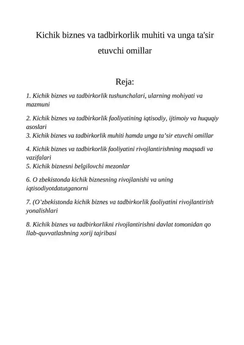 Kichik biznes va tadbirkorlik muhiti va unga ta'sir etuvchi omillar