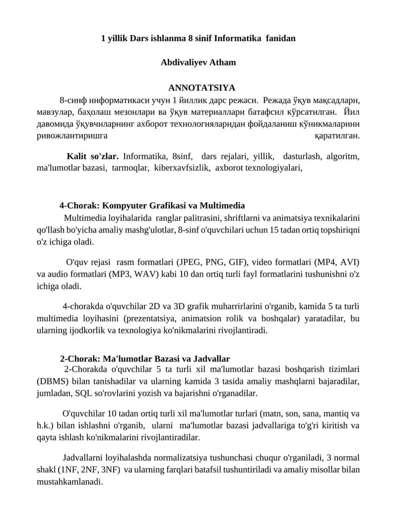 1 yillik Dars ishlanma 8 sinif Informatika fanidan 1