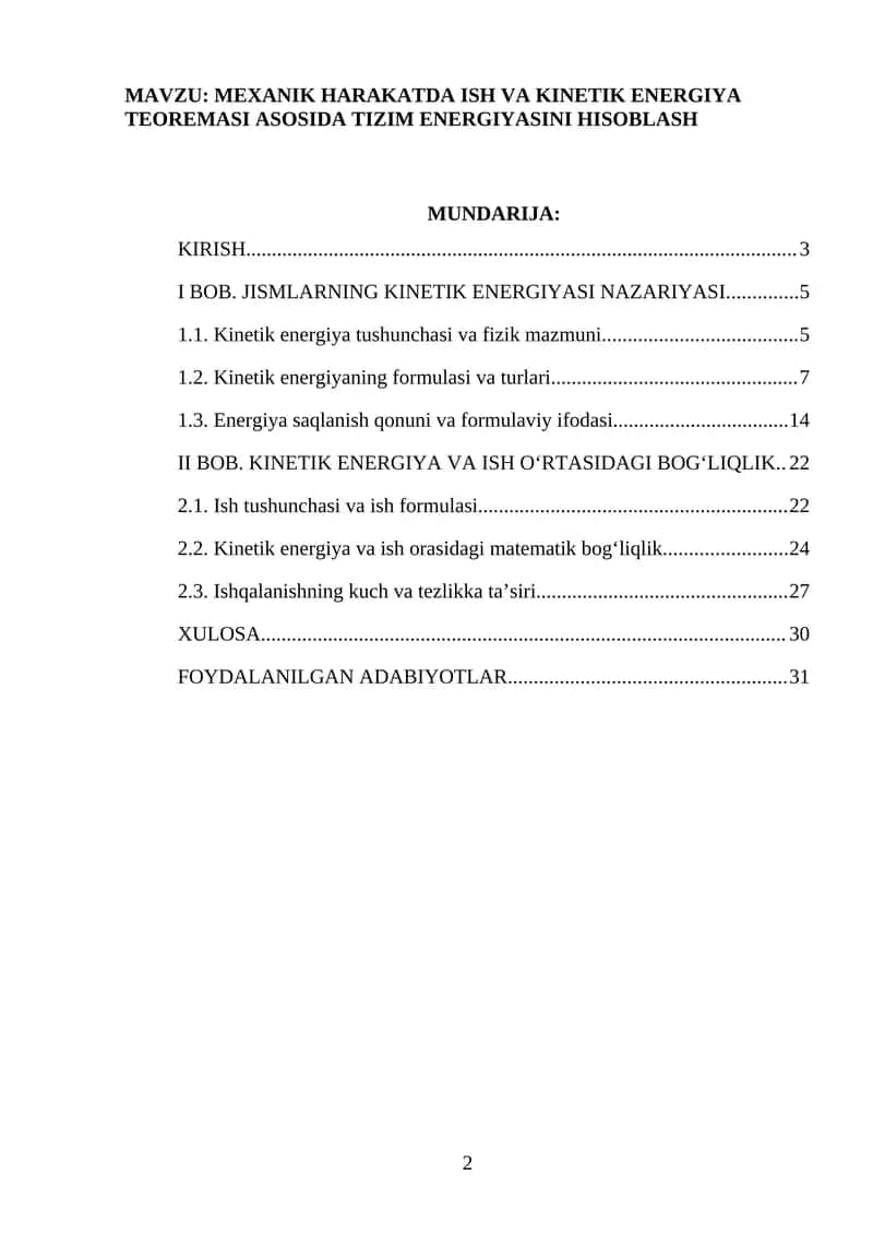 MEXANIK HARAKATDA ISH VA KINETIK ENERGIYA TEOREMASI ASOSIDA TIZIM ENERGIYASINI HISOBLASH 1