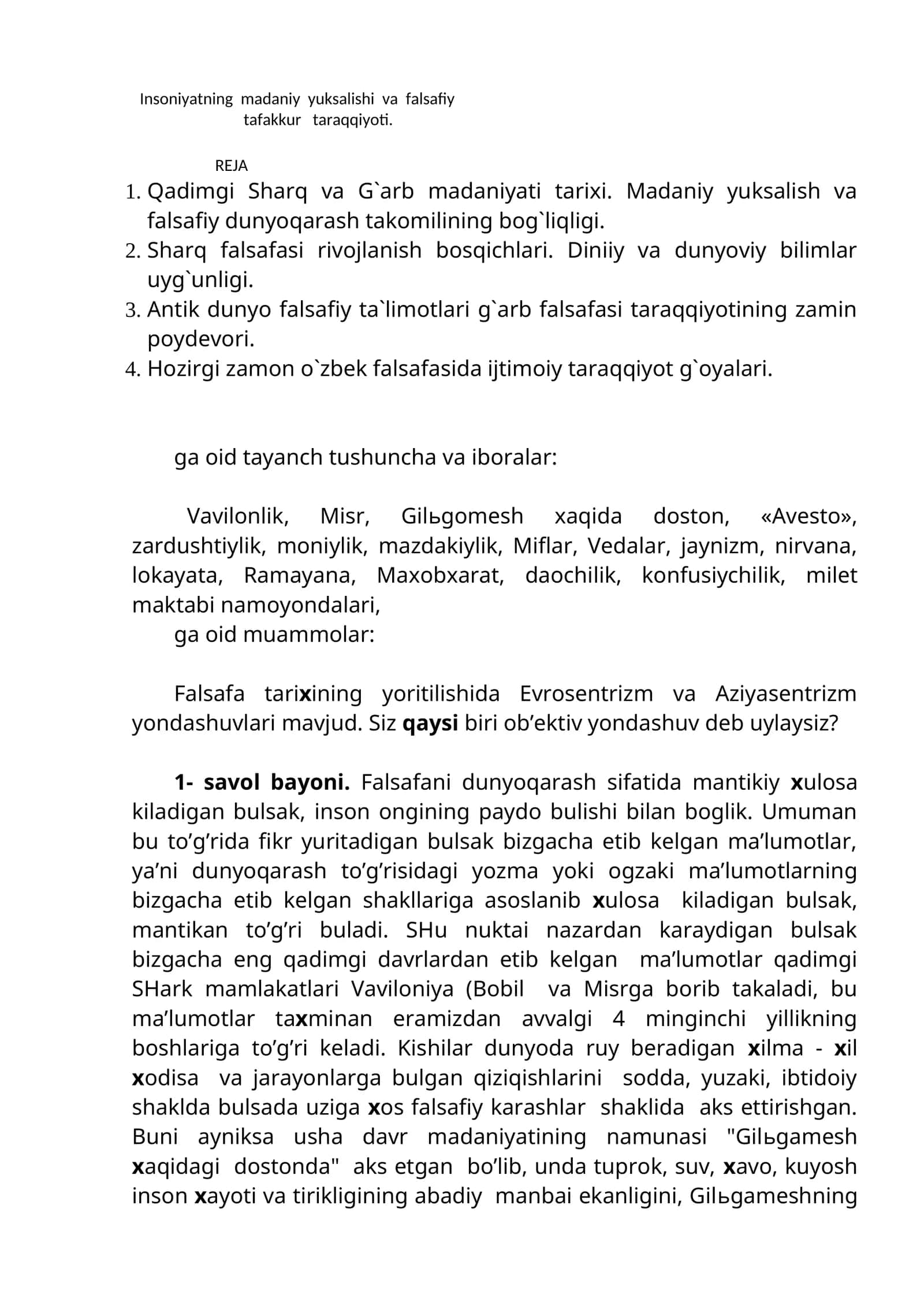 Insoniyatning madaniy yuksalishi va falsafiy tafakkur taraqqiyoti 1