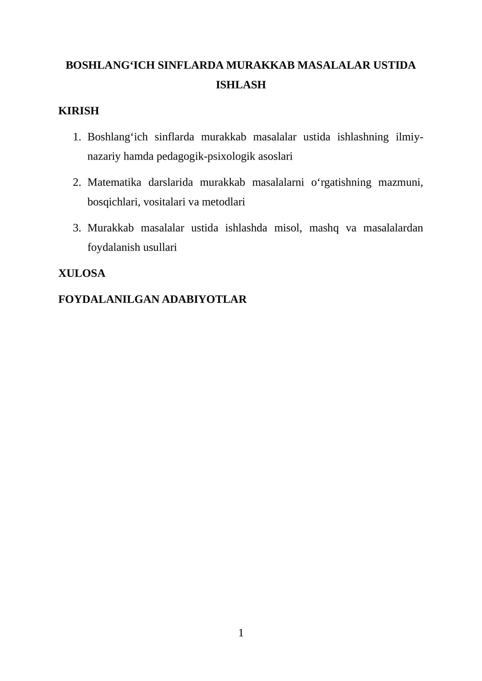 BOSHLANG‘ICH SINFLARDA MURAKKAB MASALALAR USTIDA ISHLASH 1