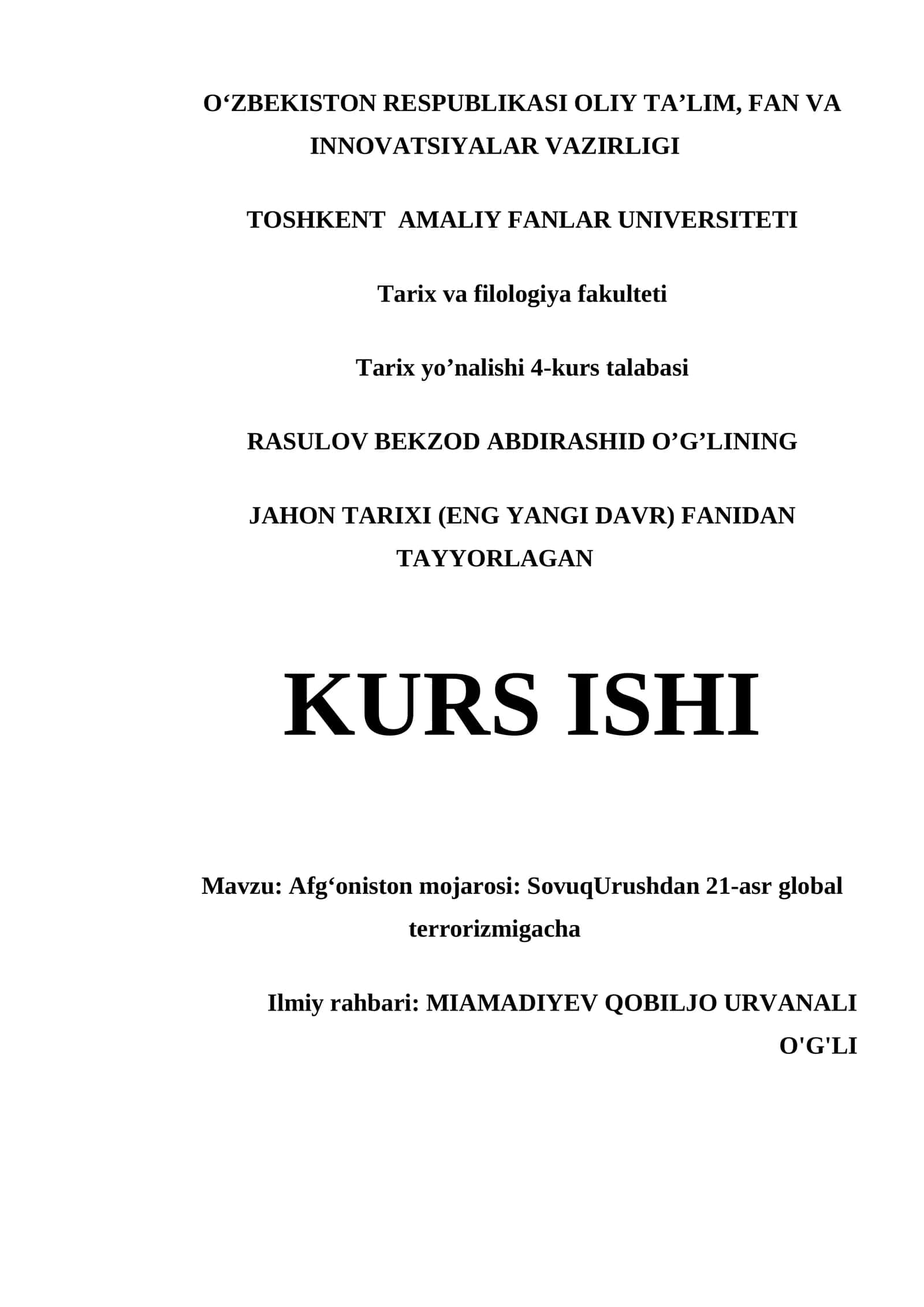 AFGʻONISTON MOJAROSI: SOVUQURUSHDAN 21-ASR GLOBAL TERRORIZMIGACHA KURS ISHI 1