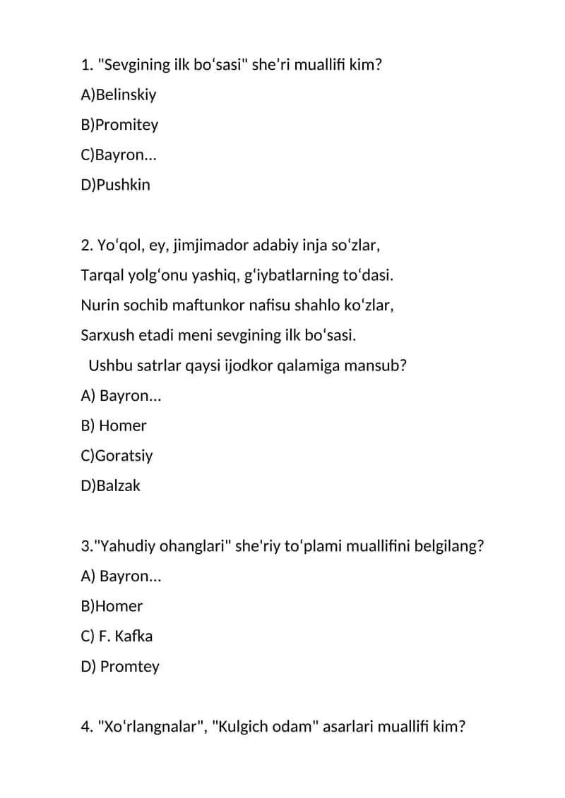 jahon adabiyoti mustahkamlash uchun testlar 1
