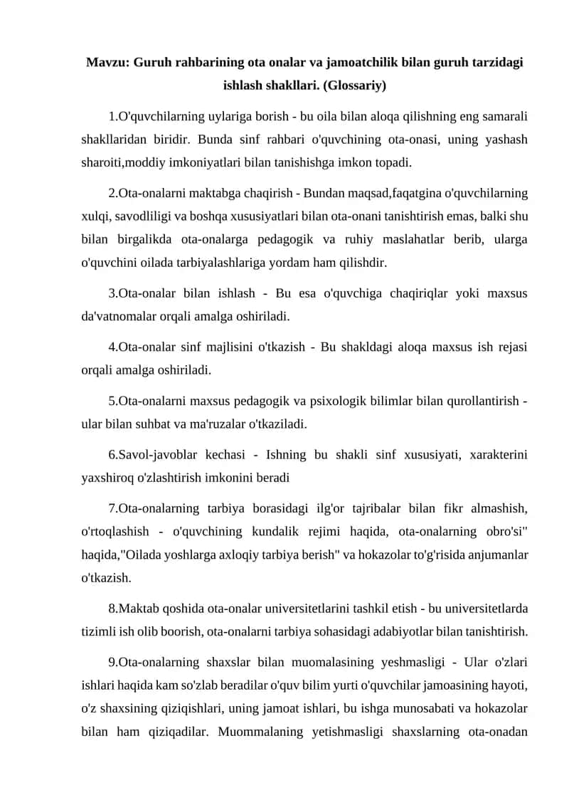 Guruh rahbarining ota onalar va jamoatchilik bilan guruh tarzidagi ishlash shakllari 1