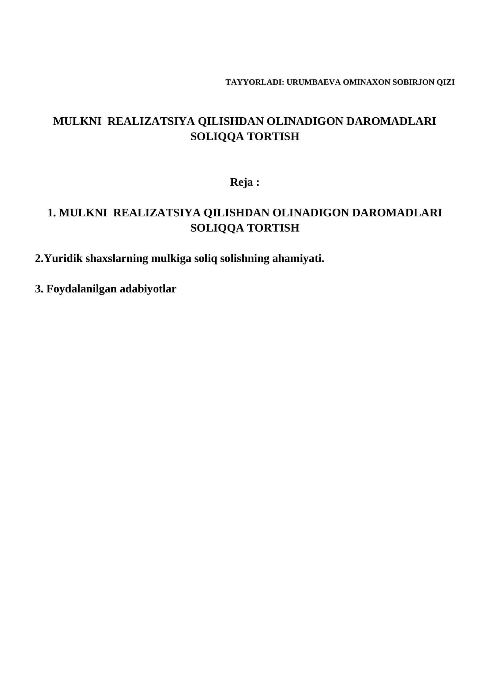 Yuridik shaxslarning mulkiga soliq solishning ahamiyati 1