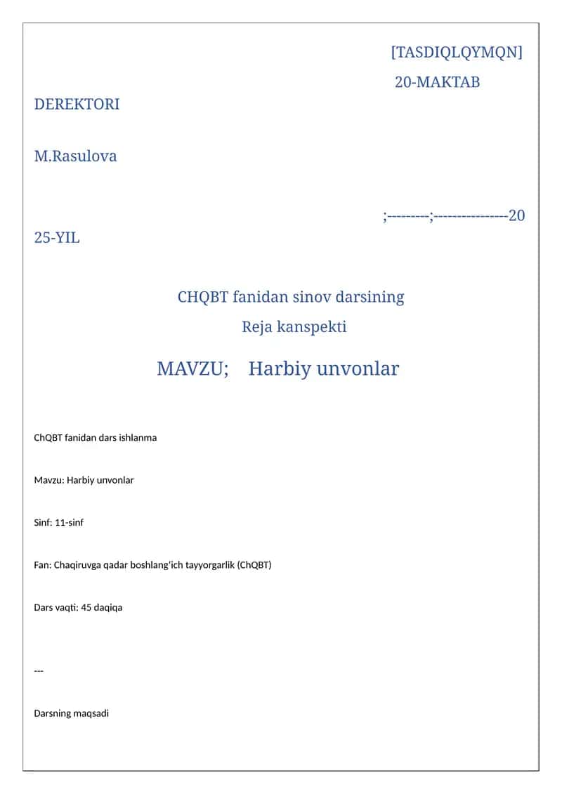 CHQBT fanidan sinov darsining Reja kanspekti 1