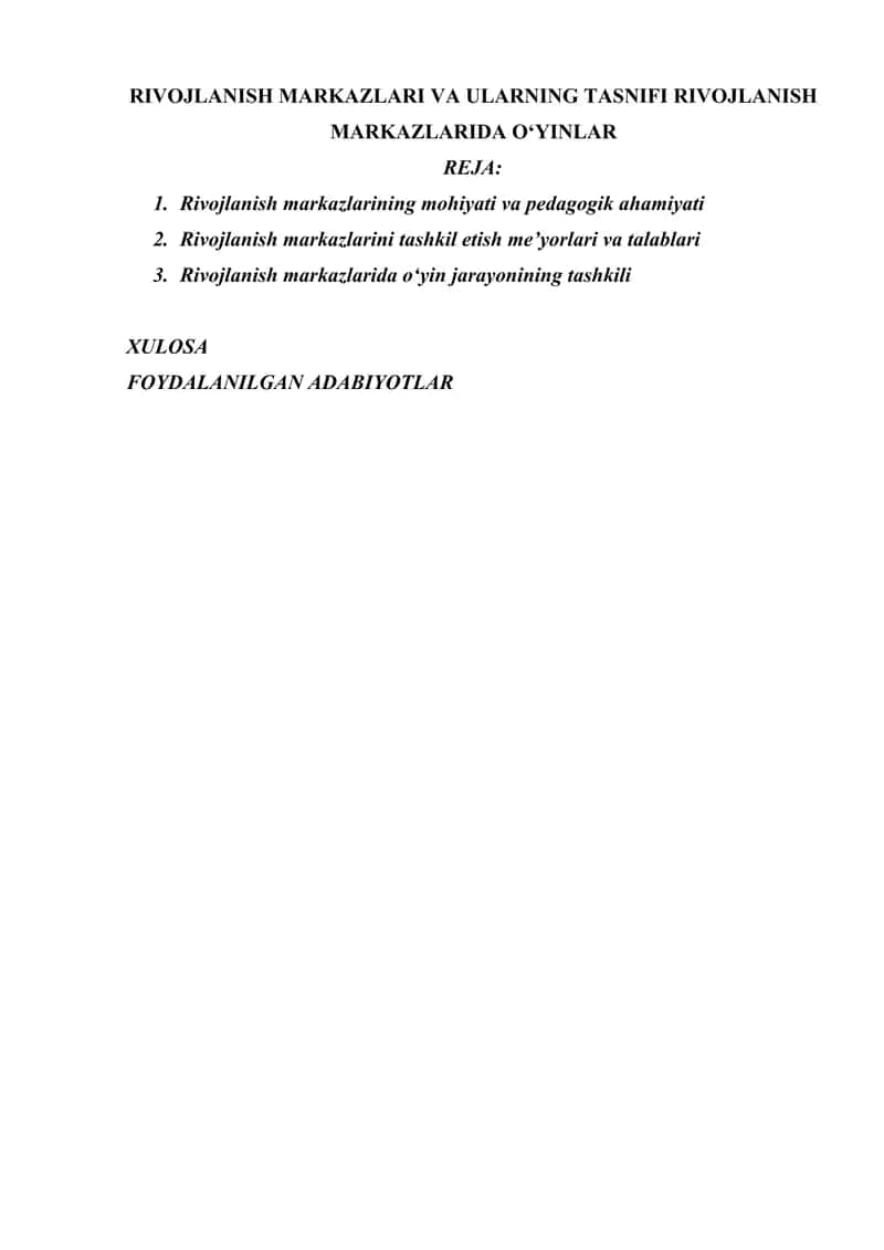 RIVOJLANISH MARKAZLARI VA ULARNING TASNIFI RIVOJLANISH MARKAZLARIDA O‘YINLAR 1