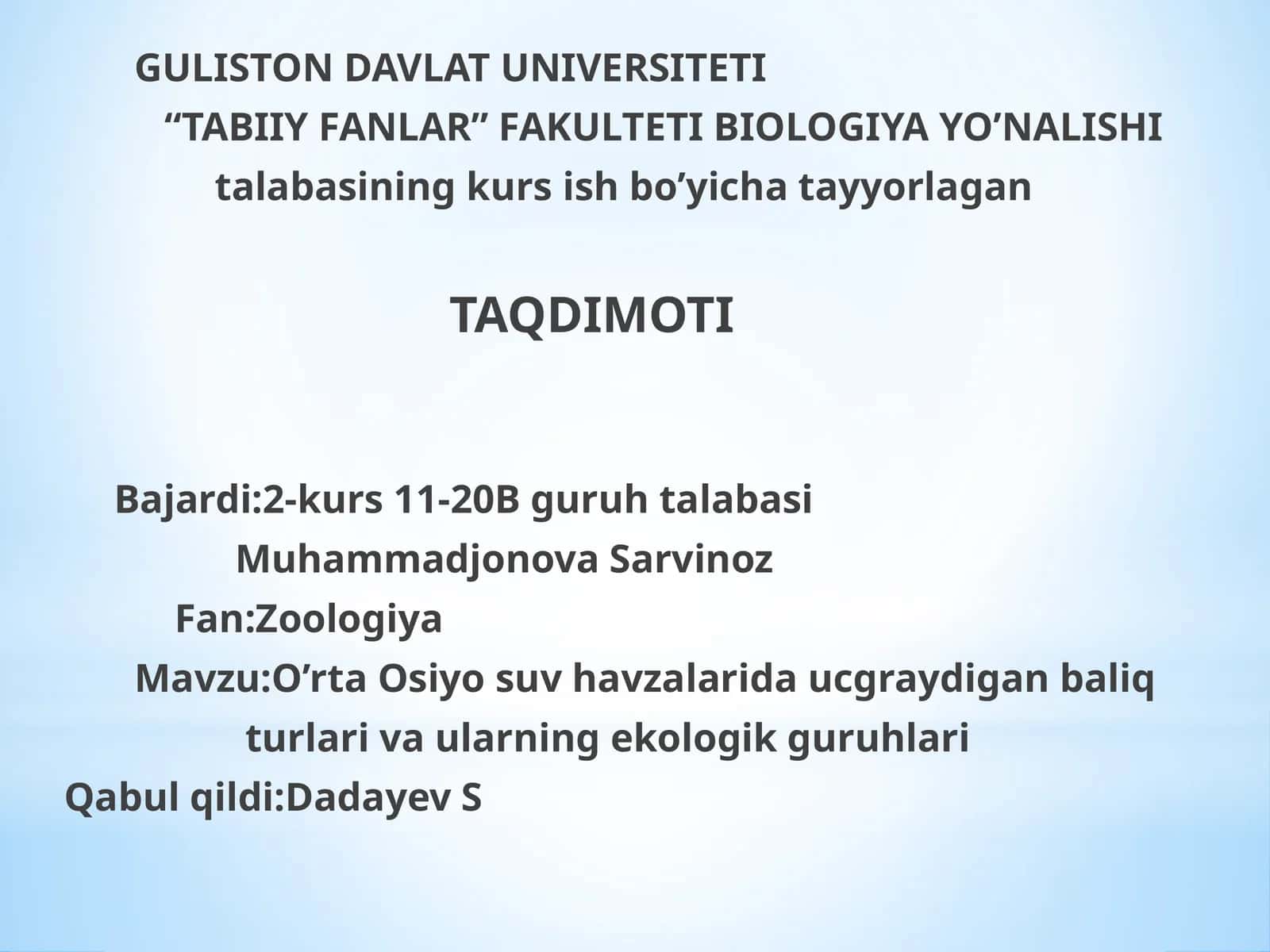 O’rta Osiyo suv havzalarida uchraydigan baliq turlari va ularning ekologik guruhlari 1