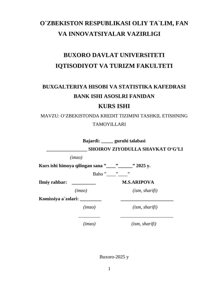 O‘ZBEKISTONDA KREDIT TIZIMINI TASHKIL ETISHNING TAMOYILLARI 1