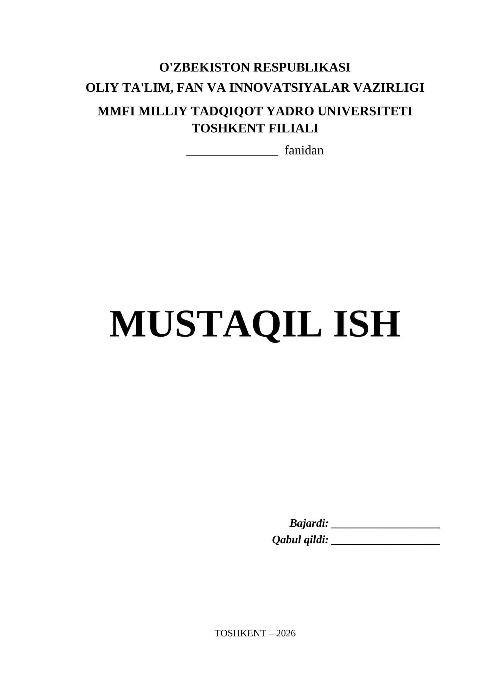 Mmfi Milliy Tadqiqot Yadro Universiteti Toshkent Filiali Mustaqil Ish Titul Varaq (.docx) 1