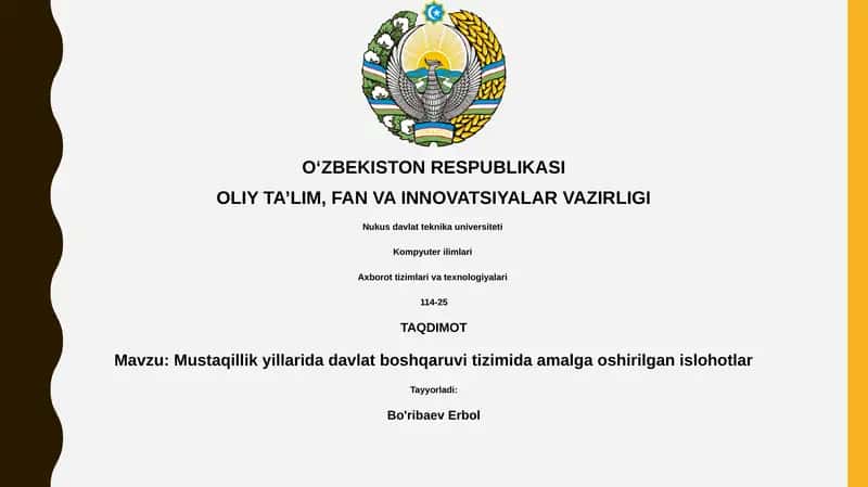 Mustaqillik yillarida davlat boshqaruvi tizimida amalga oshirilgan islohotlar 1