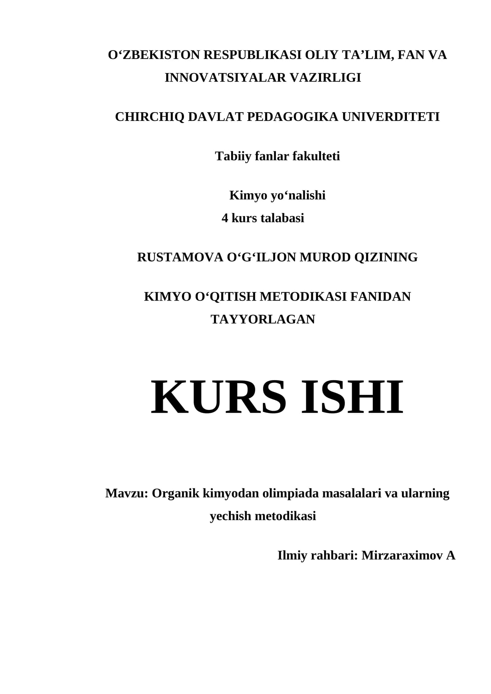 KIMYO OʻQITISH METODIKASI FANIDAN TAYYORLAGAN KURS ISHI 1