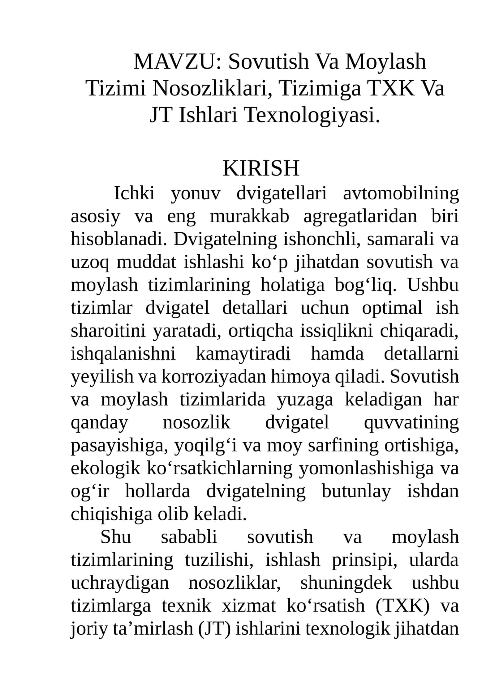 Sovutish Va Moylash Tizimi Nosozliklari, Tizimiga TXK Va JT Ishlari Texnologiyasi 1