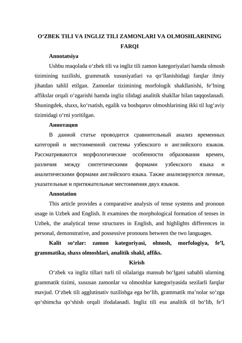 O‘ZBEK TILI VA INGLIZ TILI ZAMONLARI VA OLMOSHLARINING FARQI 1
