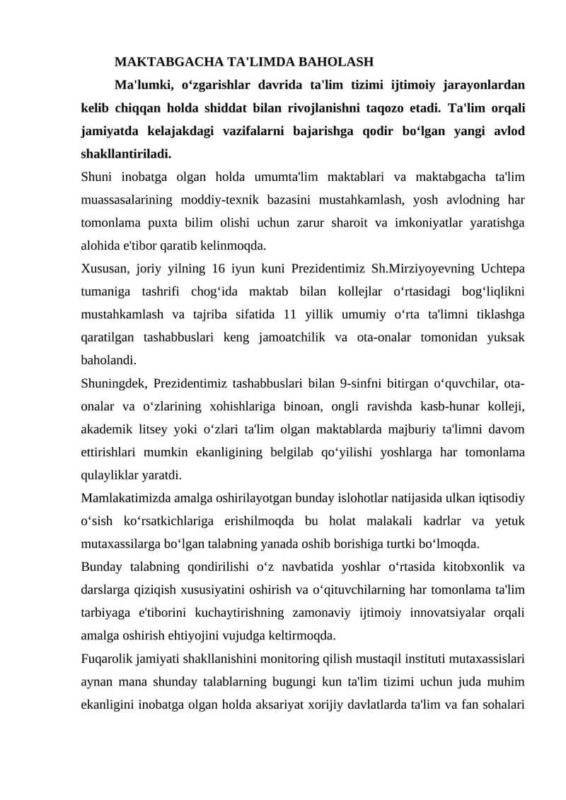 MAKTABGACHA TA'LIMDA BAHOLASH 1