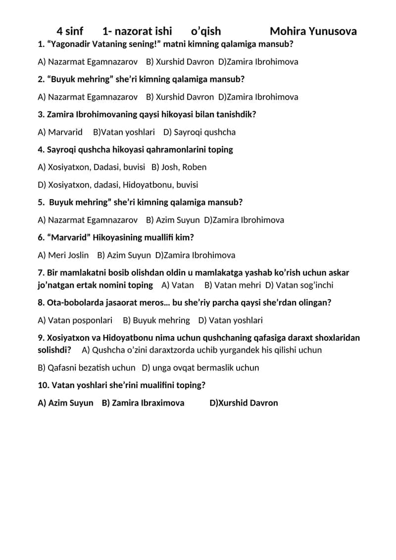 4 sinf 1- nazorat ishi o’qish Mohira Yunusova 1