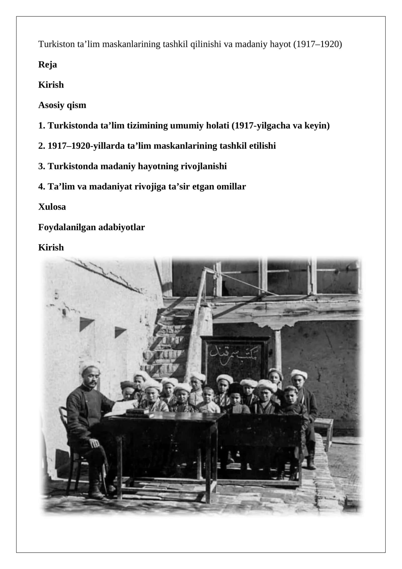 Turkiston ta’lim maskanlarining tashkil qilinishi va madaniy hayot (1917–1920) 1