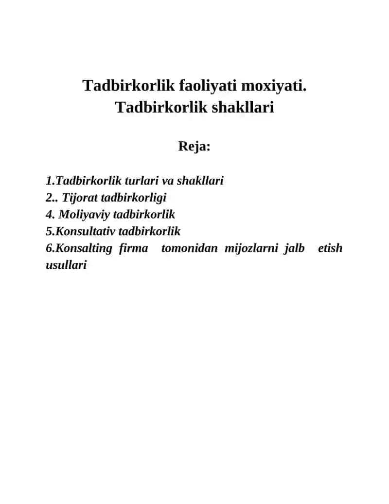 Tadbirkorlik faoliyati moxiyati
