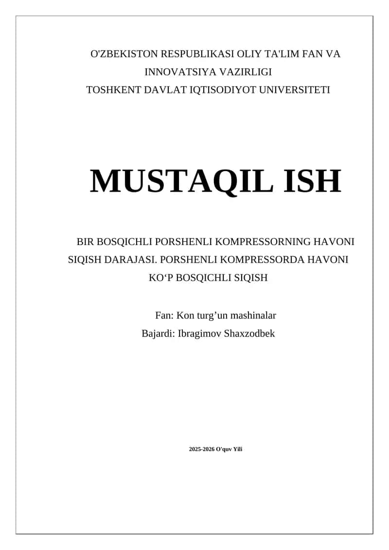 Bir bosqichli porshenli kompressorlarning havoni siqish darajasi 1