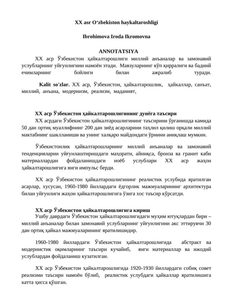 XX asr O‘zbekiston haykaltaroshligi 1