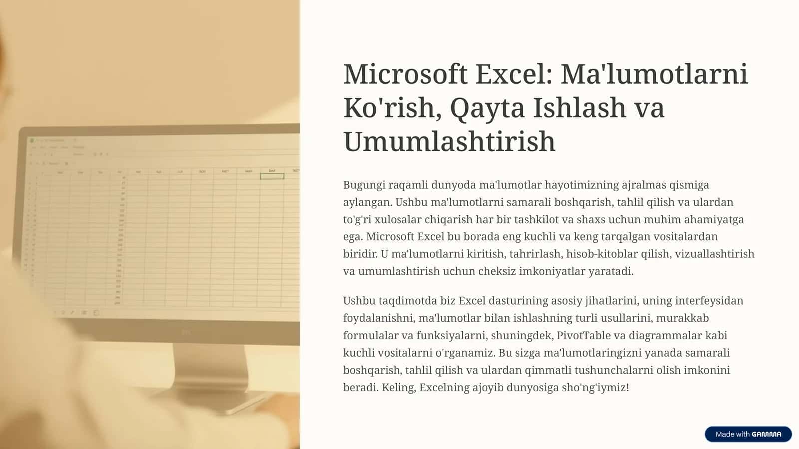 Microsoft Excel: Ma'lumotlarni Ko'rish, Qayta Ishlash va Umumlashtirish 1