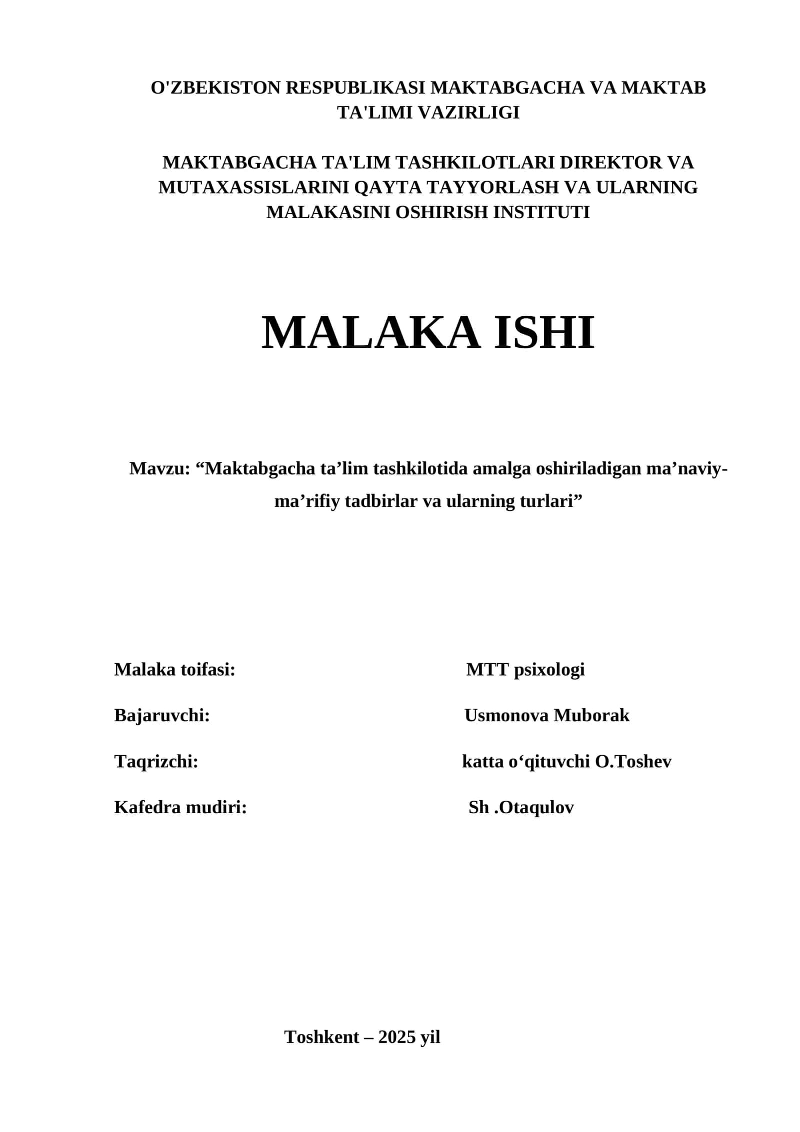 MAKTABGACHA TA'LIM TASHKILOTLARI DIREKTOR VA MUTAXASSISLARINI QAYTA TAYYORLASH VA ULARNING MALAKASINI OSHIRISH INSTITUTI 1