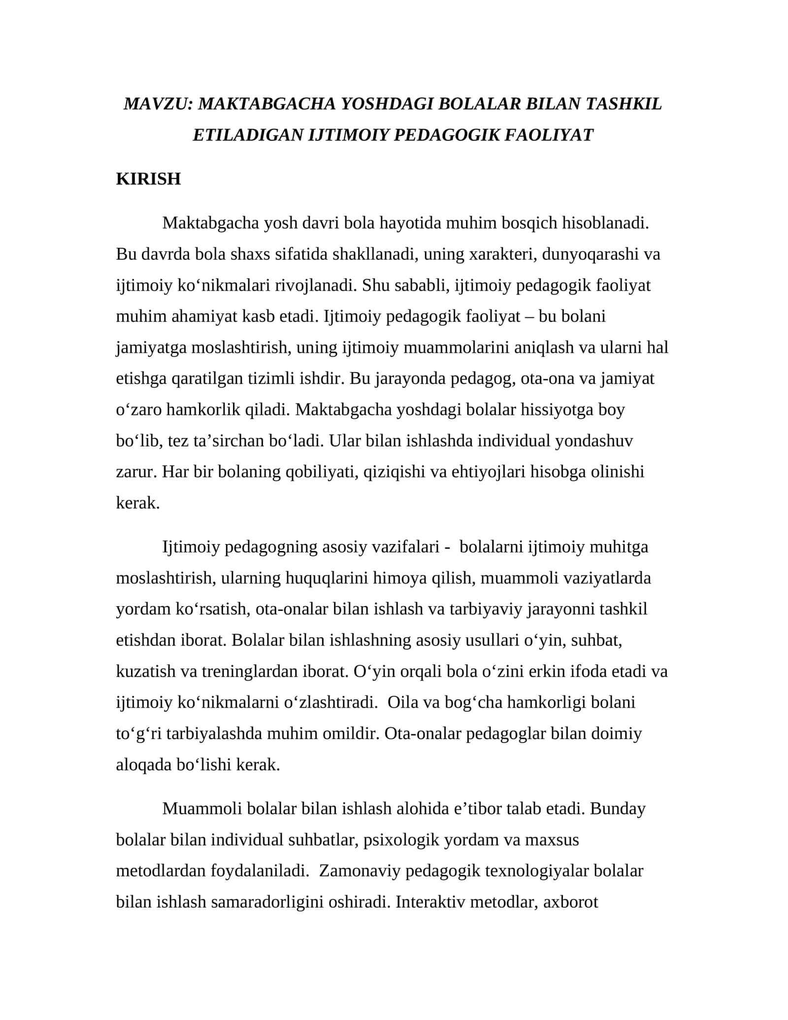 MAKTABGACHA YOSHDAGI BOLALAR BILAN TASHKIL ETILADIGAN IJTIMOIY PEDAGOGIK FAOLIYAT 1