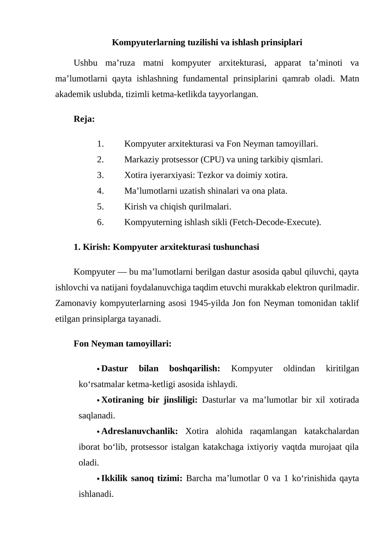 Kompyuterlarning tuzilishi va ishlash prinsiplari 1