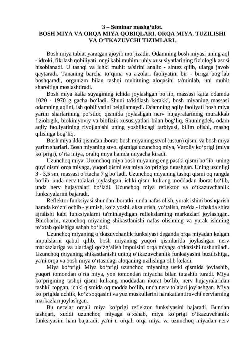 BOSH MIYA VA ORQA MIYA QOBIQLARI. ORQA MIYA. TUZILISHI VA O‘TKAZUVCHI TIZIMLARI 1