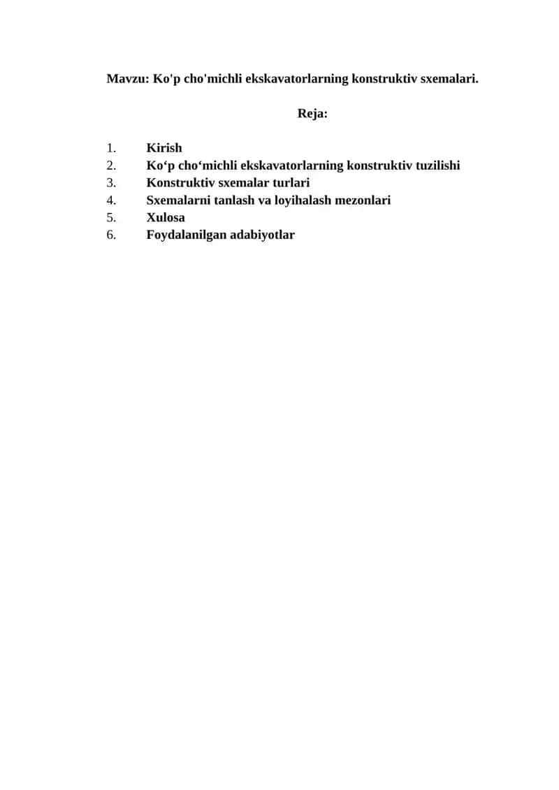 Ko'p cho'michli ekskavatorlarning konstruktiv sxemalari 1