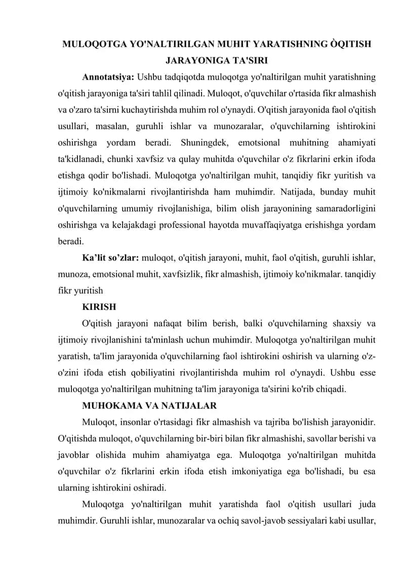 Muloqotga yo'naltirilgan muhit yaratishning òqitish jarayoniga ta'siri 1