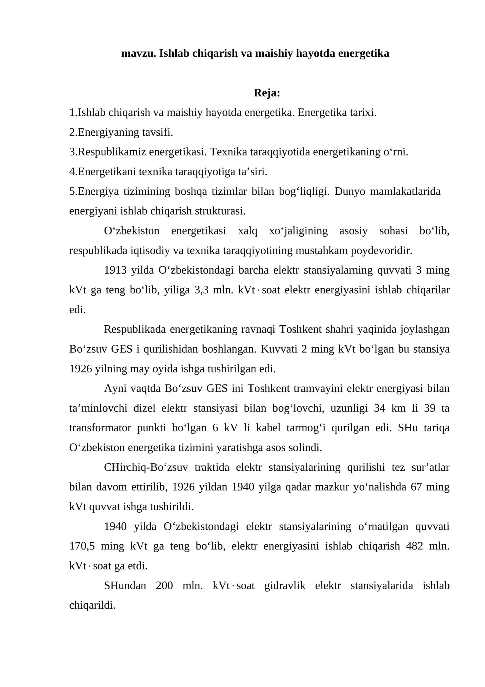 Ishlab chiqarish va maishiy hayotda energetika 1