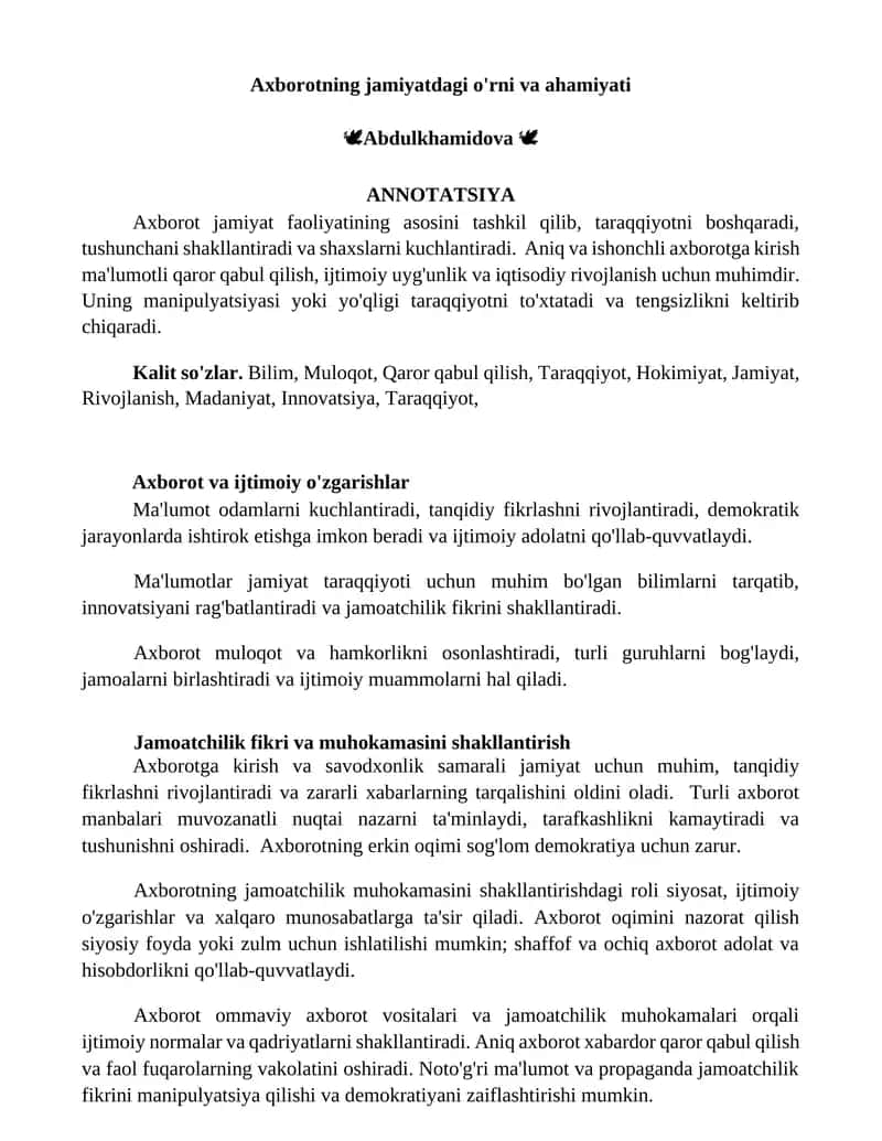 Axborotning jamiyatdagi o'rni va ahamiyati 1
