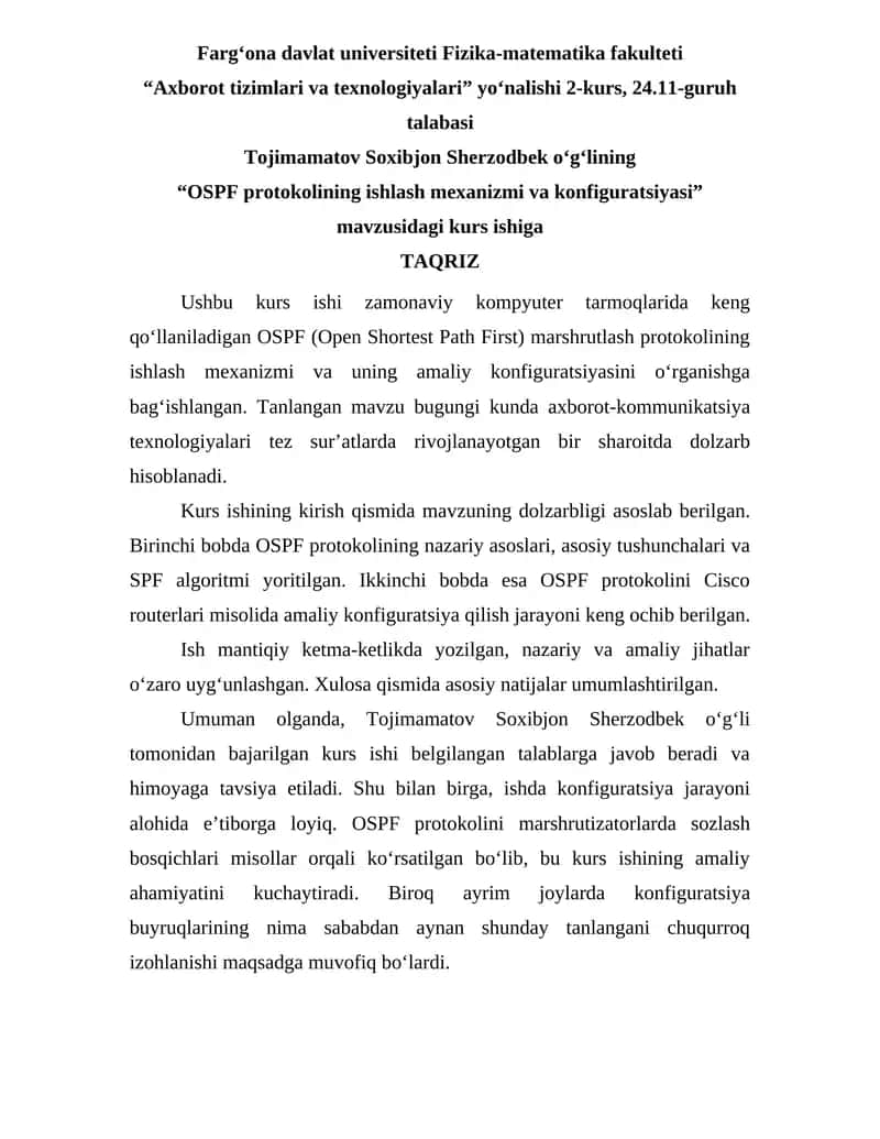 OSPF protokolining ishlash mexanizmi va konfiguratsiyasi 1