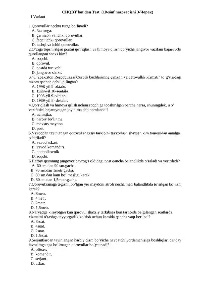 CHQBT fanidan Test (10-sinf nazorat ishi 3-Чорак)