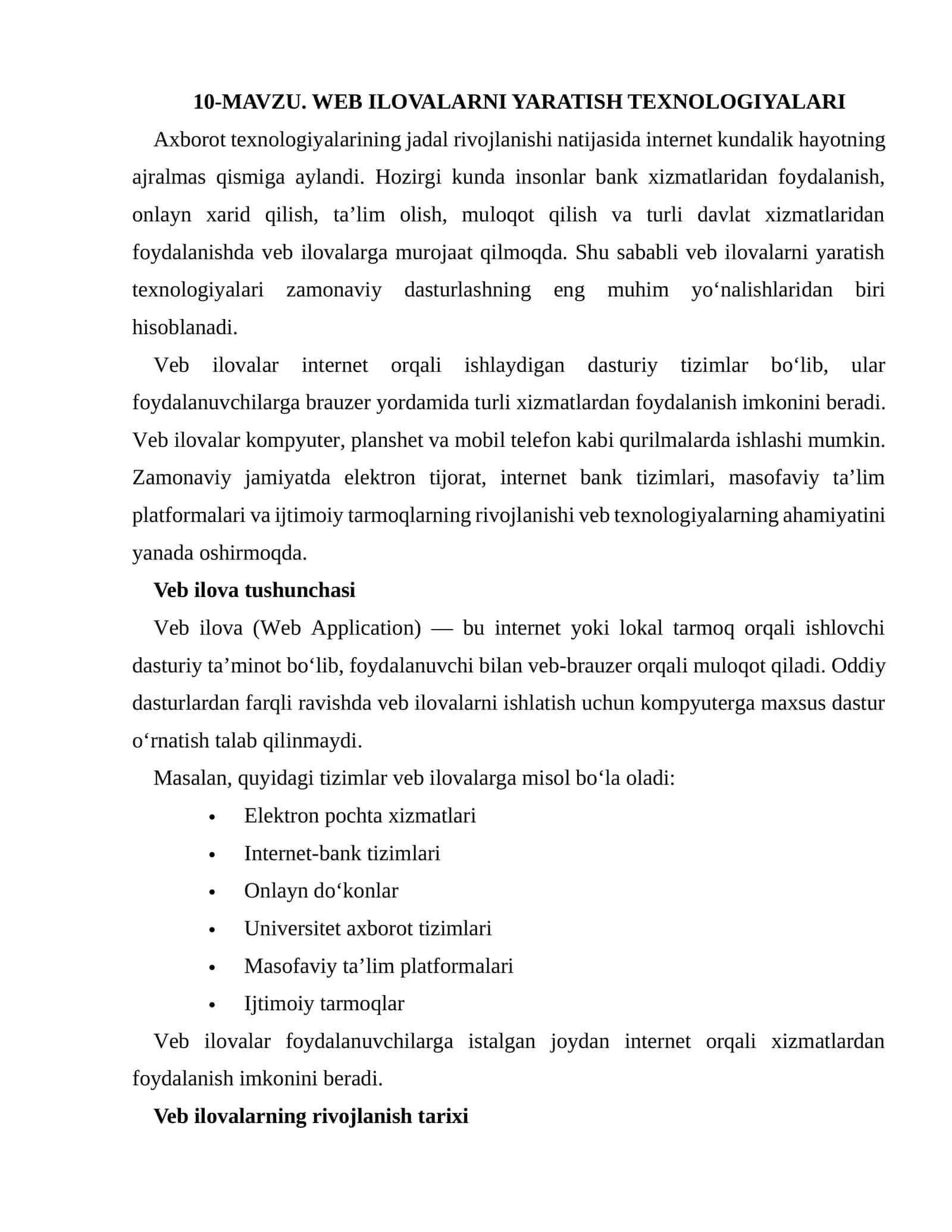 MAVZU. WEB ILOVALARNI YARATISH TEXNOLOGIYALARI 1