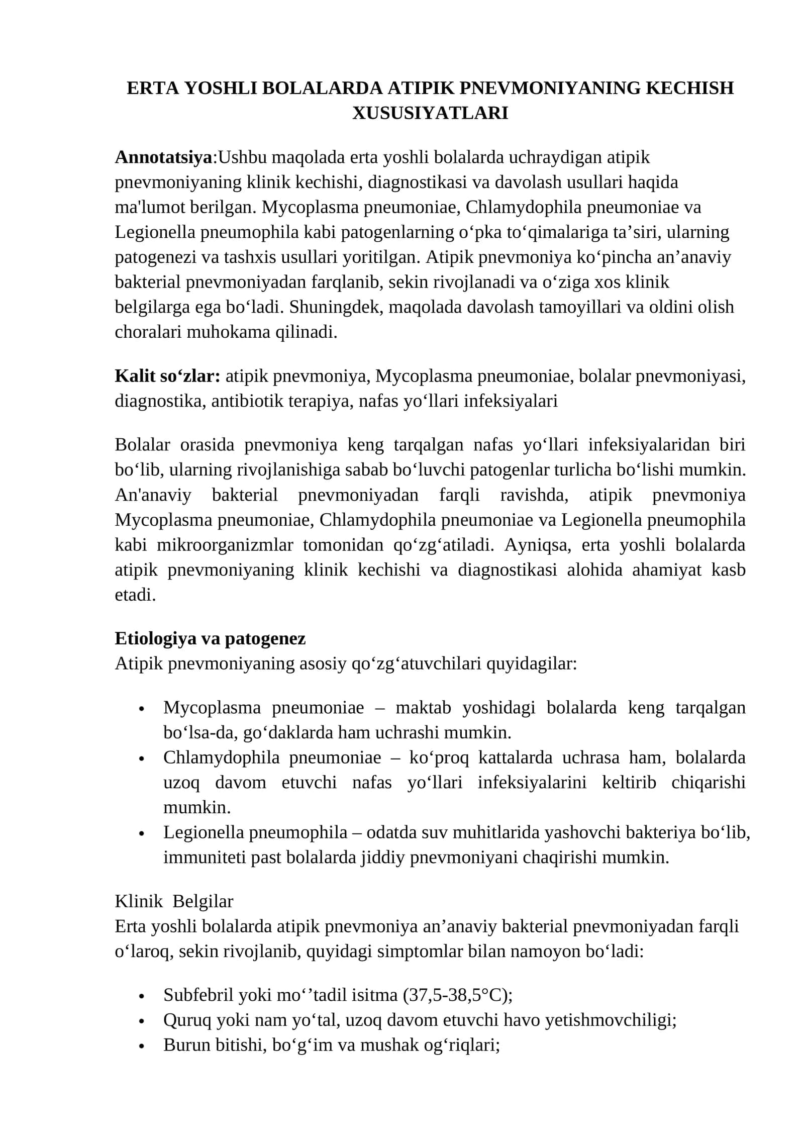 Erta yoshli bolalarda atipik pnevmoniyaning kechish xususiyatlari 1