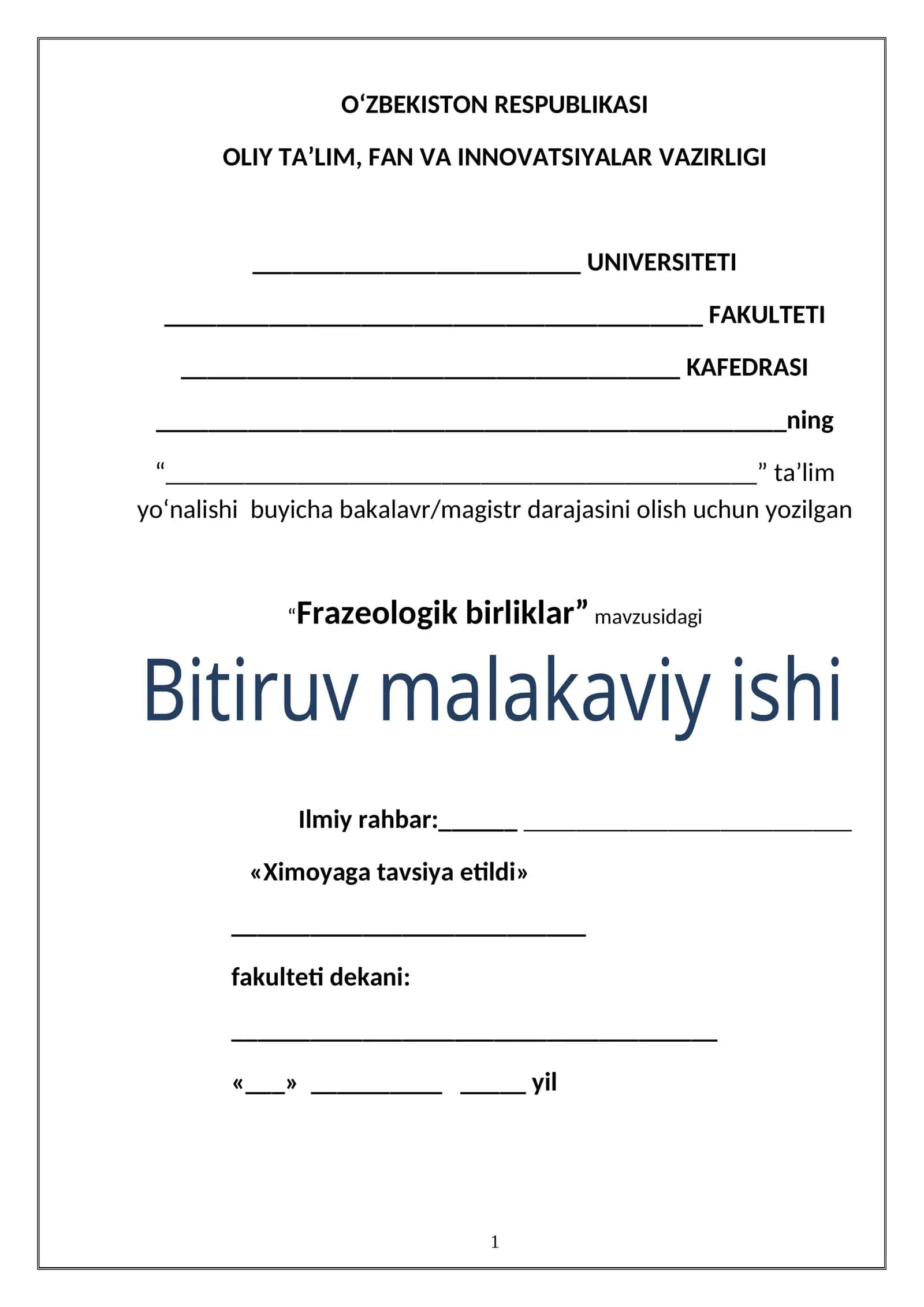 Frazeologik birliklar mavzusidagi Bitiruv malakaviy ishi 1
