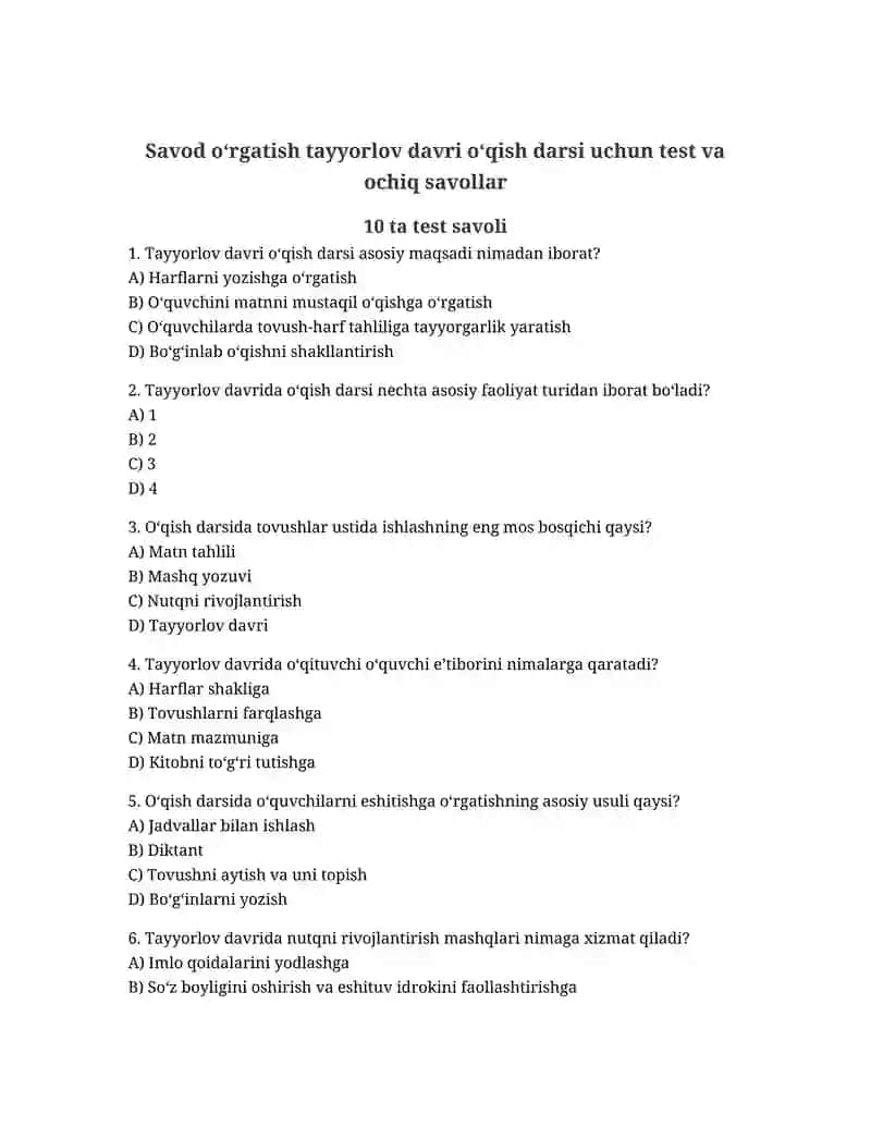 Savod o‘rgatish tayyorlov davri o‘qish darsi uchun test va ochiq savollar