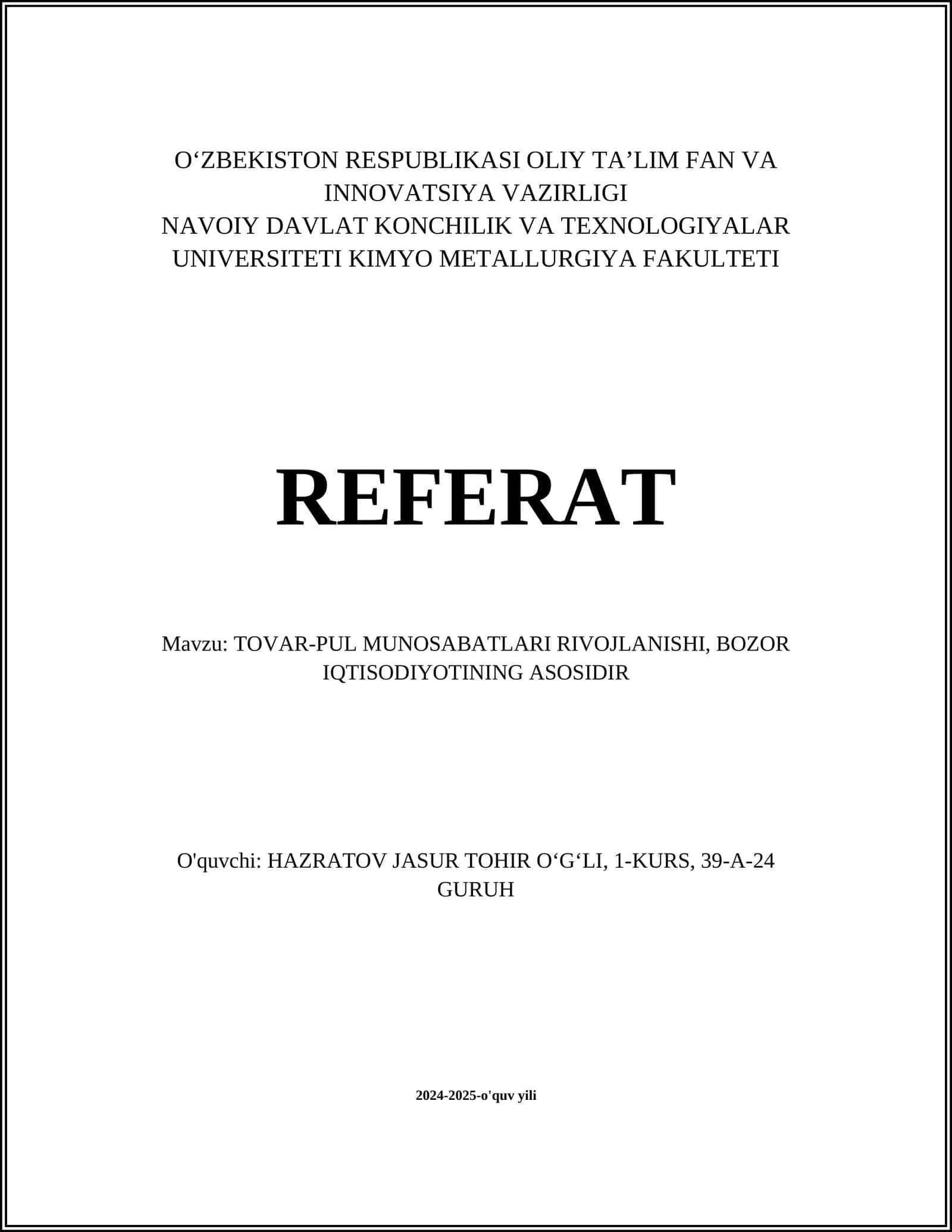 TOVAR-PUL MUNOSABATLARI RIVOJLANISHI, BOZOR IQTISODIYOTINING ASOSIDIR 1
