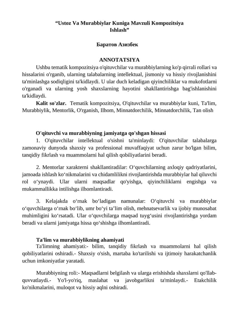 Ustoz Va Murabbiylar Kuniga Mavzuli Kompozitsiya Ishlash 1