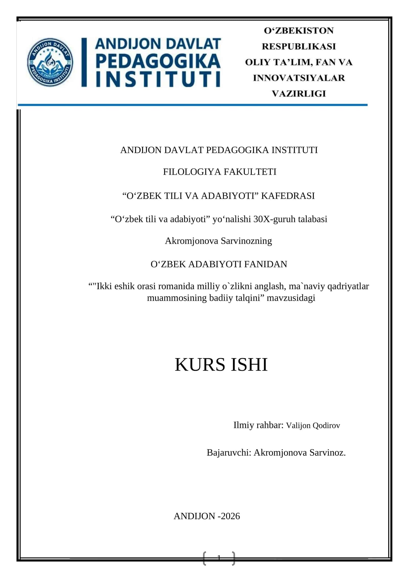 “Ikki eshik orasi romanida milliy o`zlikni anglash, ma`naviy qadriyatlar muammosining badiiy talqini” 1