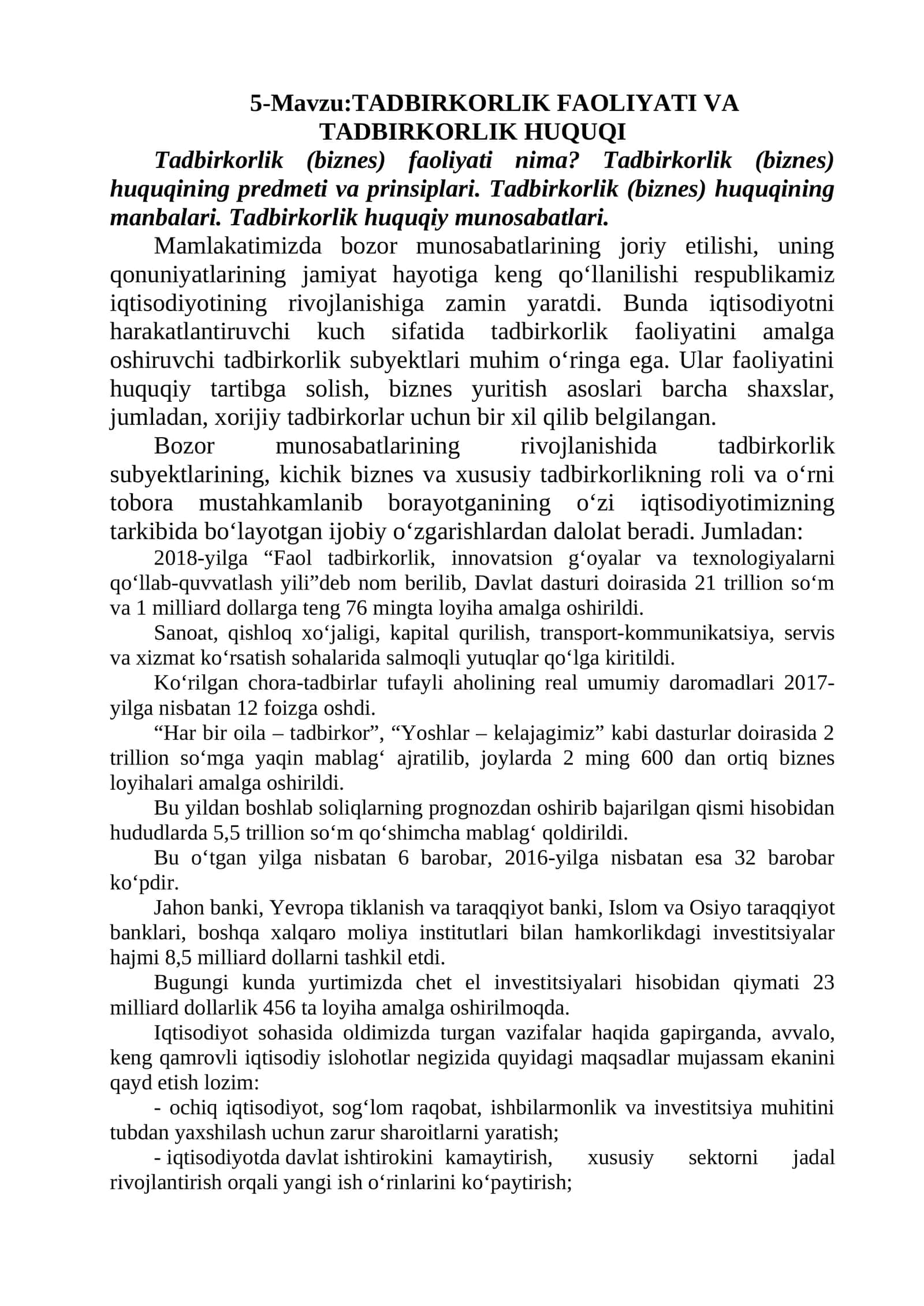 TADBIRKORLIK FAOLIYATI VA TADBIRKORLIK HUQUQI 1