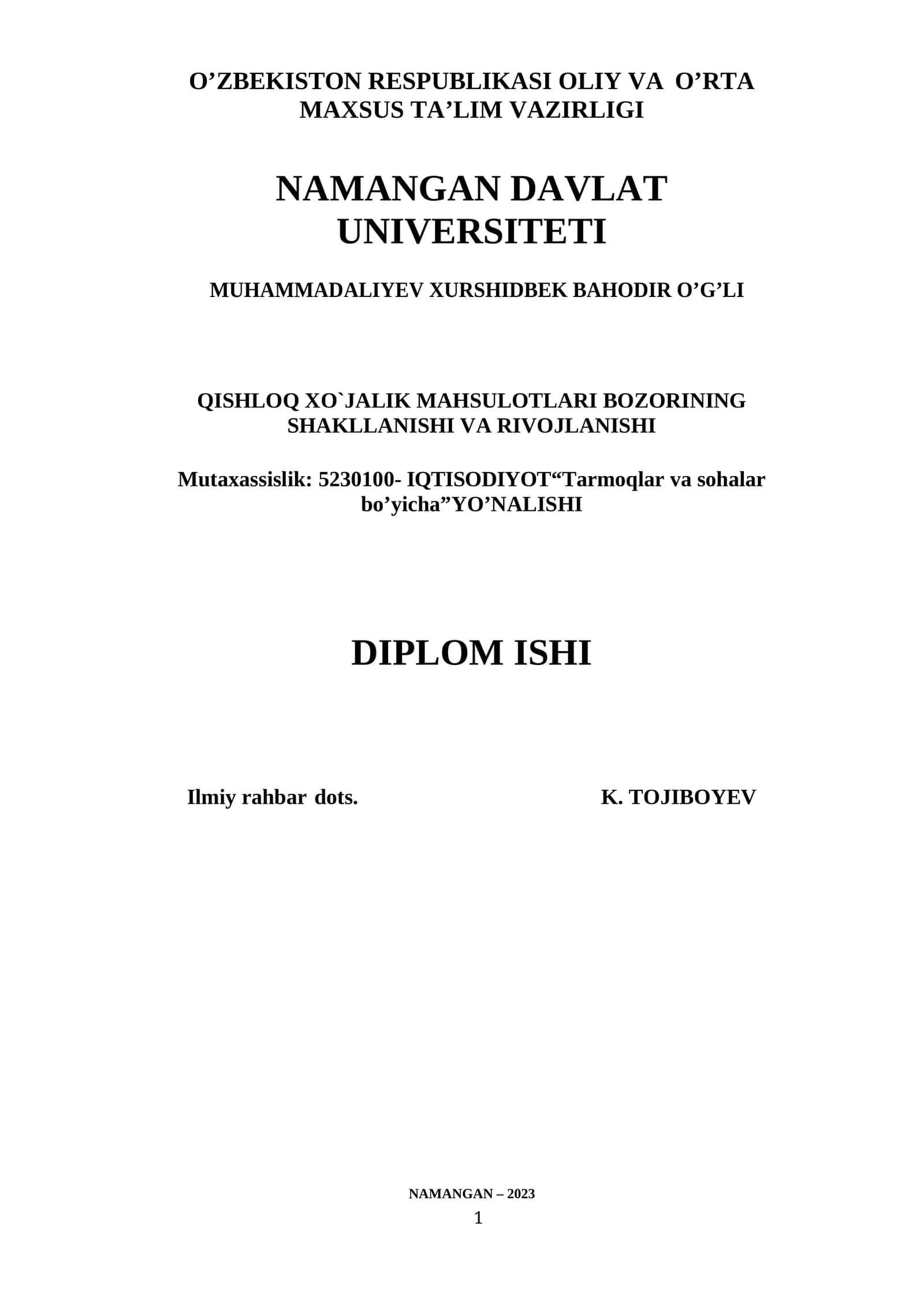 QISHLOQ XO`JALIK MAHSULOTLARI BOZORINING SHAKLLANISHI VA RIVOJLANISHI 1