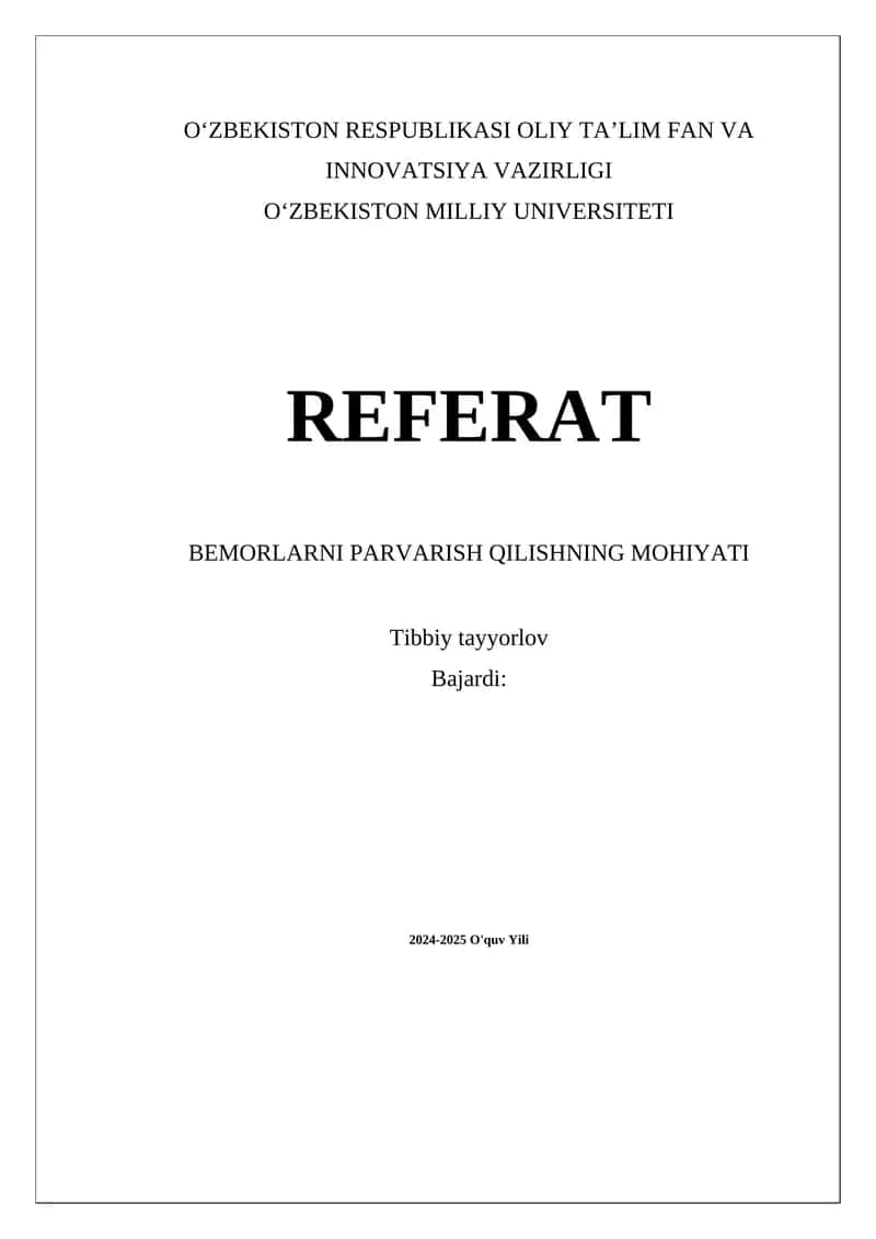BEMORLARNI PARVARISH QILISHNING MOHIYATI 1